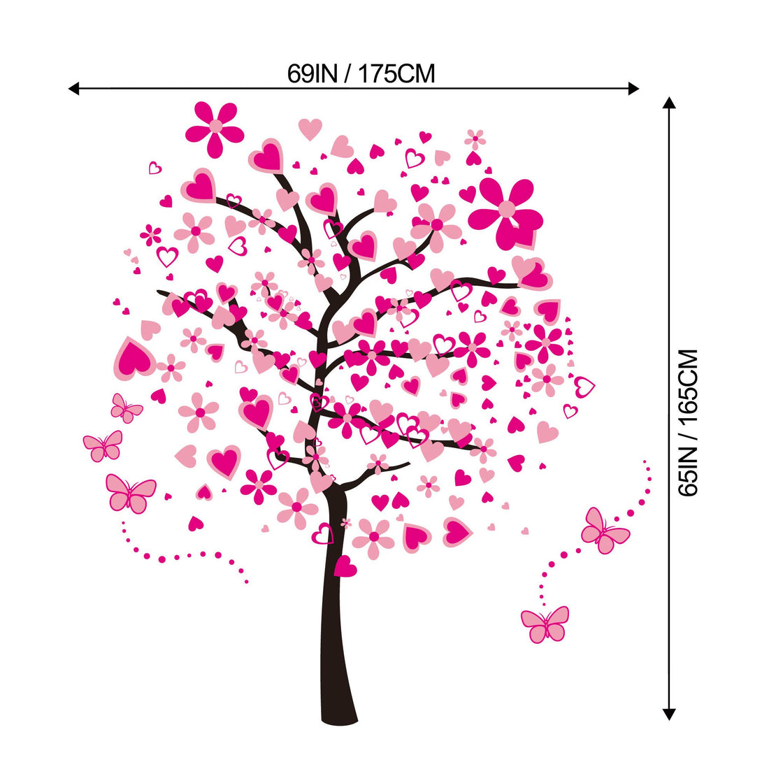 LiveGallery Removable Huge Pink Cartoon Heart Flower Tree Wall Decals Red Butterfly Wall Stickers Home Art Decor for Kids Girls Babys Bedroom Nursery Room Living Room Decorations