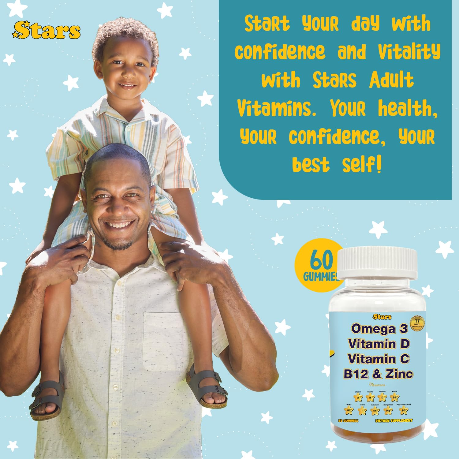 Adult Multivitamin Gummy with Omega 3, Chewable Multivitamin with Selenium, Vitamin A, B, C, D, Biotin, Multivitamin for Women, Multivitamin for Men, 60 Star Shaped Multivitamin Gummies