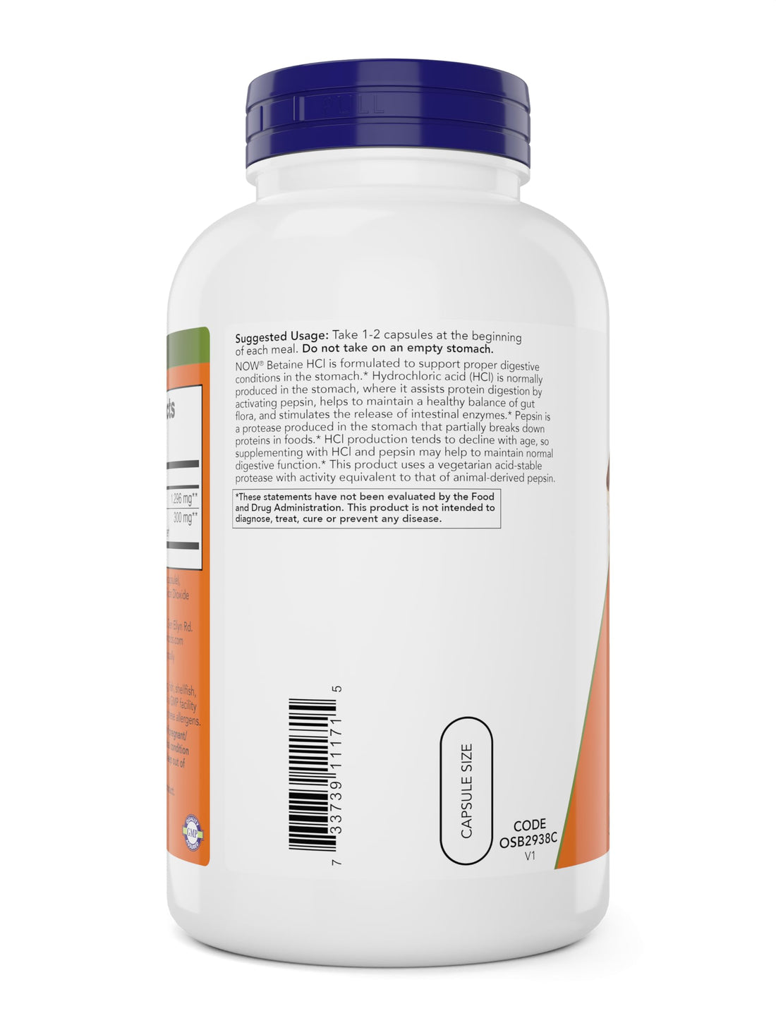 Now Betaine HCl 648mg 240 Veg Capsules - Digestive Enzymes Supplement - Enhanced with Pepsin Protease for Protein Digestion Support