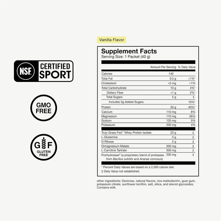 Momentous Recovery Grass-Fed Whey Protein Powder - 20g Post-Workout Whey Isolate Protein - NSF Certified, Gluten-Free, 15 Servings, Vanilla (Package May Vary)