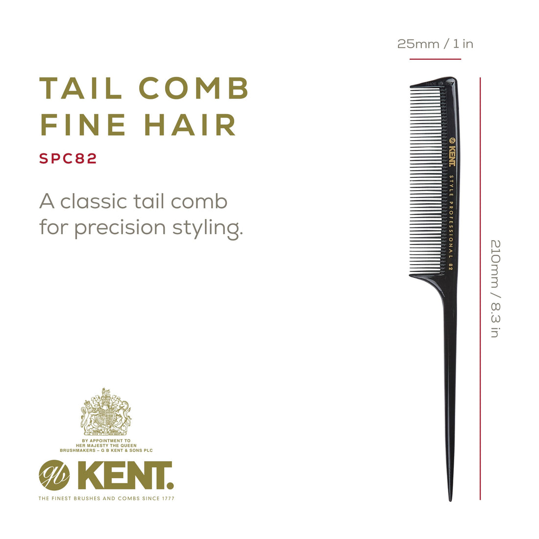 Kent SPC82 Salon-Style Dressing Cutting Comb with Fine Teeth - Tail Comb Professional Barber Haircut Comb for Styling and Teasing for All Hair Types - Kent Quality Barber Supplies