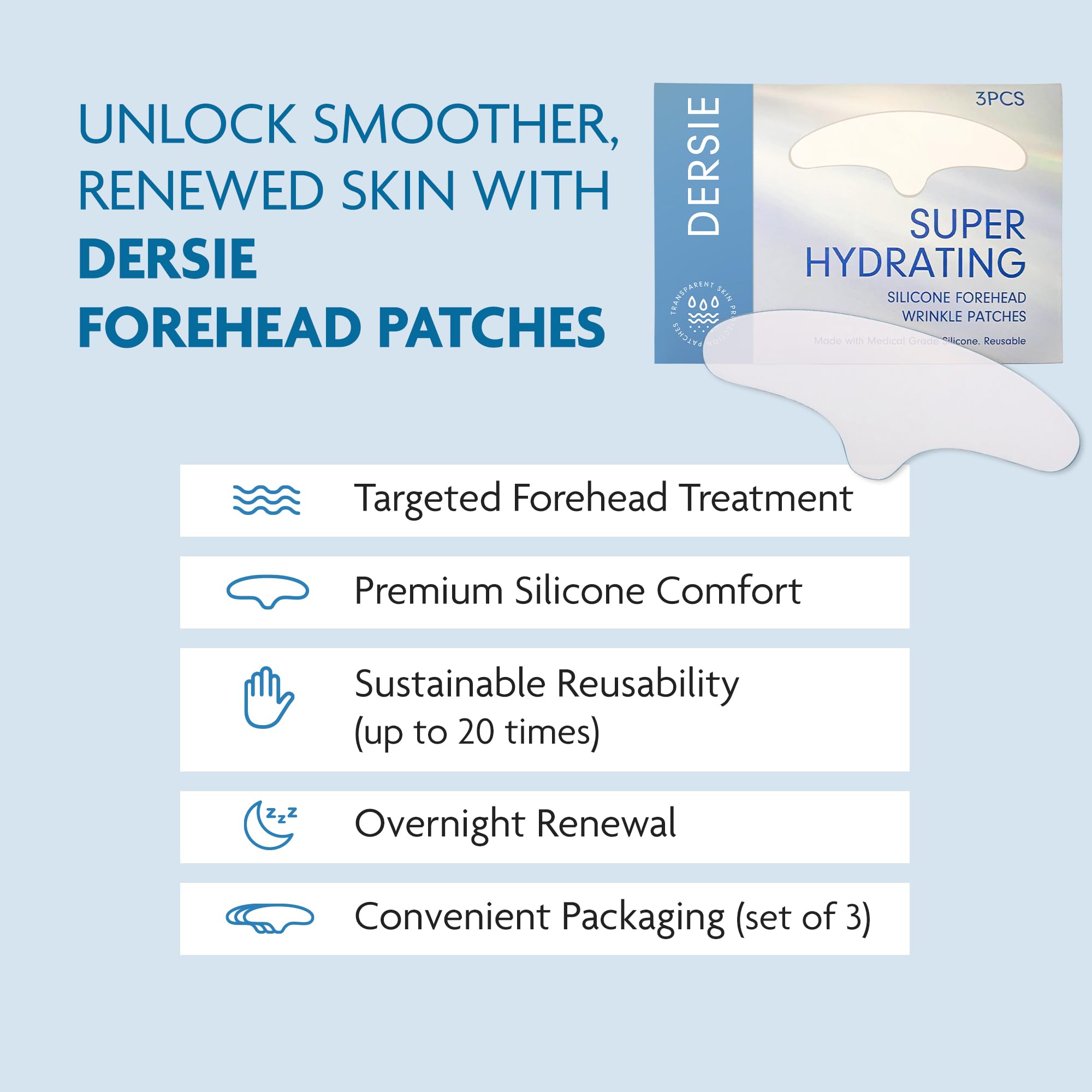 Dersie Silicone Forehead Wrinkle Patches: Reusable Silicone Anti Wrinkle Patches - Forehead Wrinkles Treatment - Overnight Use for Best Results - 3 Patches