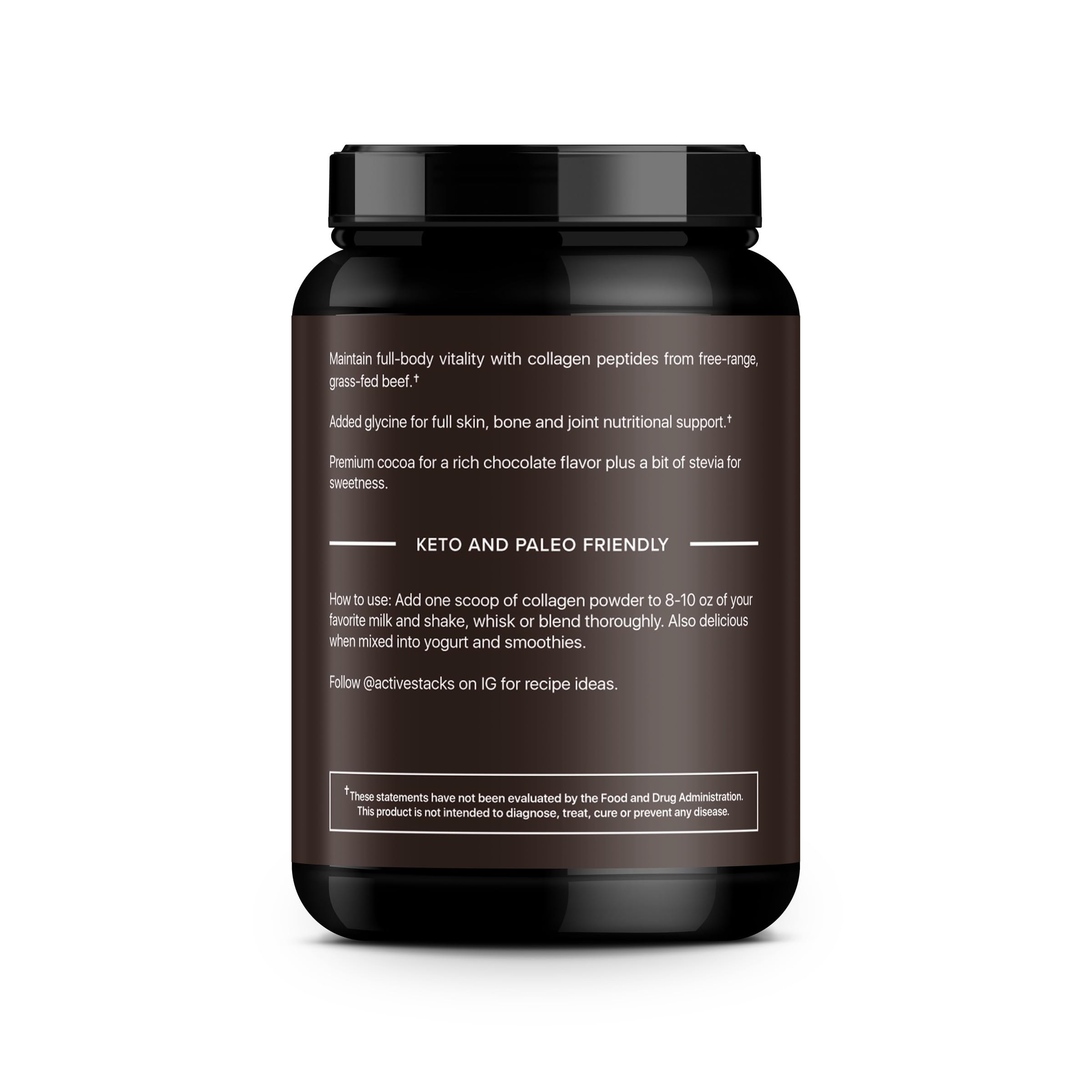 Active Stacks Collagen Peptides Protein Powder, Chocolate - Supports Healthy Hair, Skin, Bones and Joints for Men and Women - Easy-to-Mix Type 1 & 3 Hydrolyzed Collagen from Grass-Fed Beef, 2 Pound