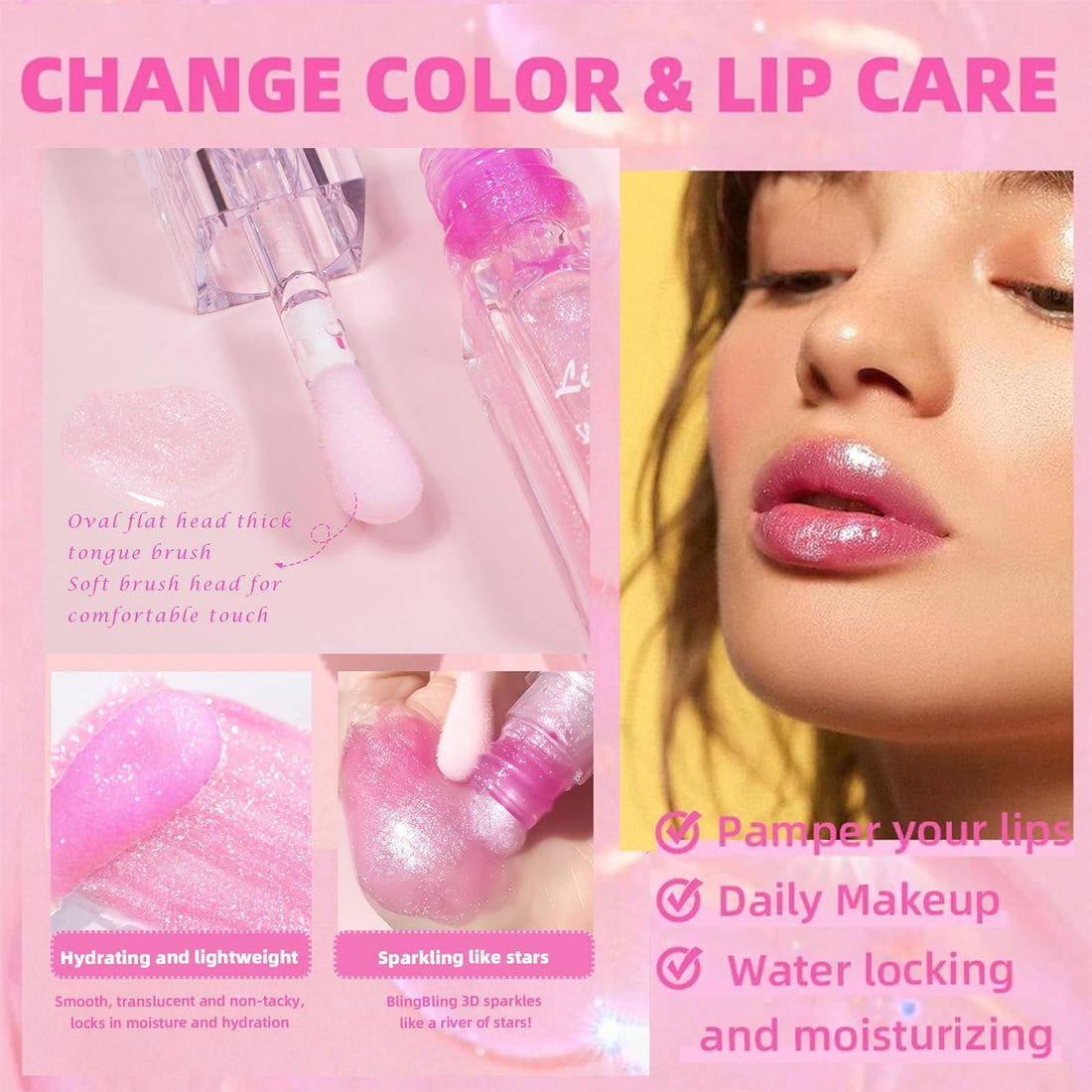 Color Changing Lip Oil PH,Warm Change Glitter Lip Gloss,Magic Big Brush Color Changing Lip Oil,Long Lasting Nourishing Lip Glow Oil Non-sticky Primer Lip Tint