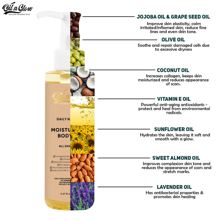 OilnGlow 100% Pure Natural Hydrating Body Oil After Shower with Vitamin E, Coconut, Jojoba, Olive & Sweet Almond Moisturizing Body Oil For Women & Men Dry Skin - Unscented 5.07 fl oz/150ml