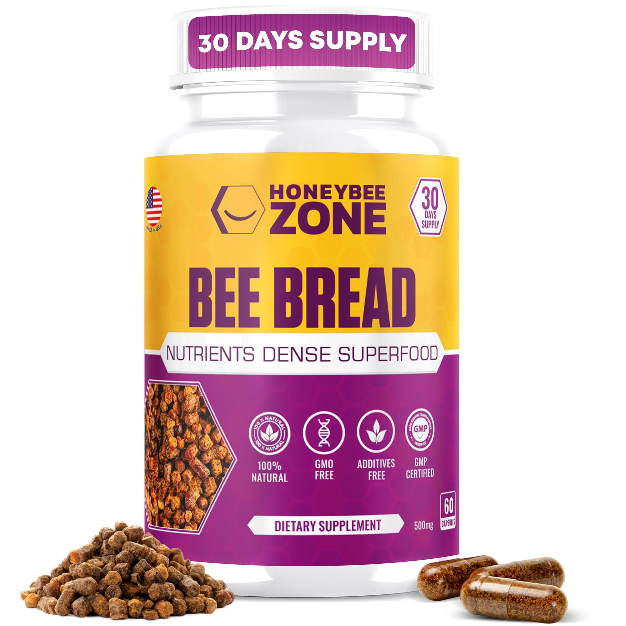 HONEYBEEZONE Bee Bread Capsules – Nutrient-Rich Superfood for Energy Boost, Immune Support Supplement | Non-GMO, Gluten-Free, 60 Easy-to-Swallow Veggie Capsules