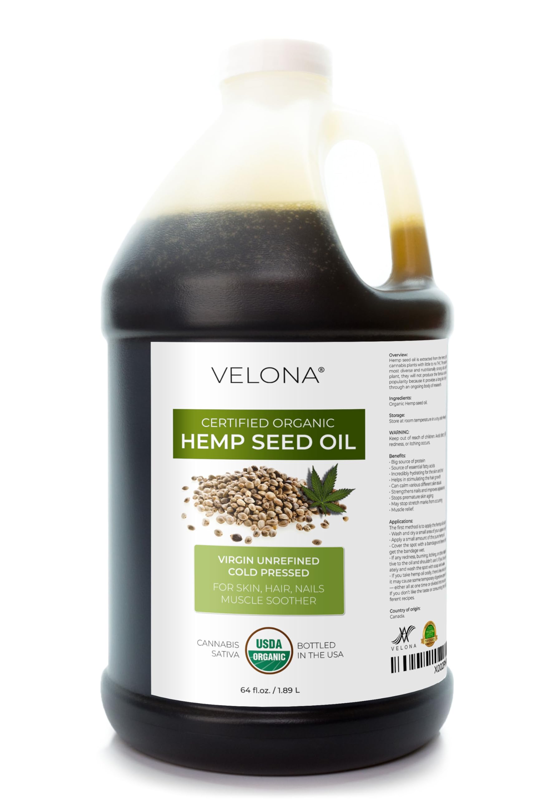 velona Hemp Seed Oil USDA Certified Organic - 64 fl oz | 100% Pure and Natural Carrier Oil | Unrefined, Cold Pressed