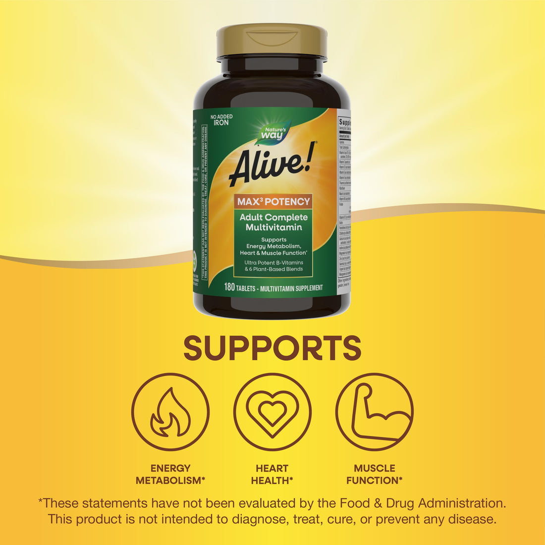 Nature's Way Alive! Max3 Potency Adult Complete Multivitamin, High Potency B-Vitamins to Support Energy Metabolism*, with Methylated B12 and Folate, No Added Iron, 180 Tablets (Packaging May Vary)