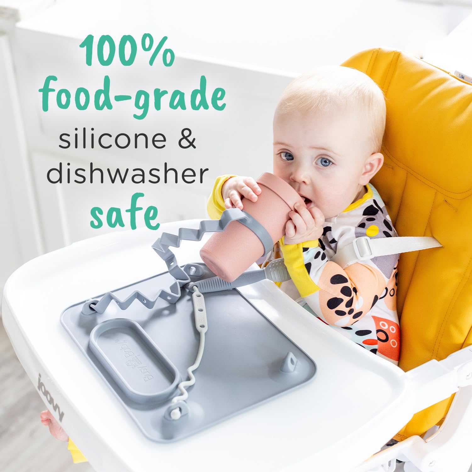 BUSY BABY Silicone Mat - Suction Cups, 4 Straps to Secure Baby Essentials, Self Feeding, Baby Led Weaning, Travel Sleeve Included (Spearmint)