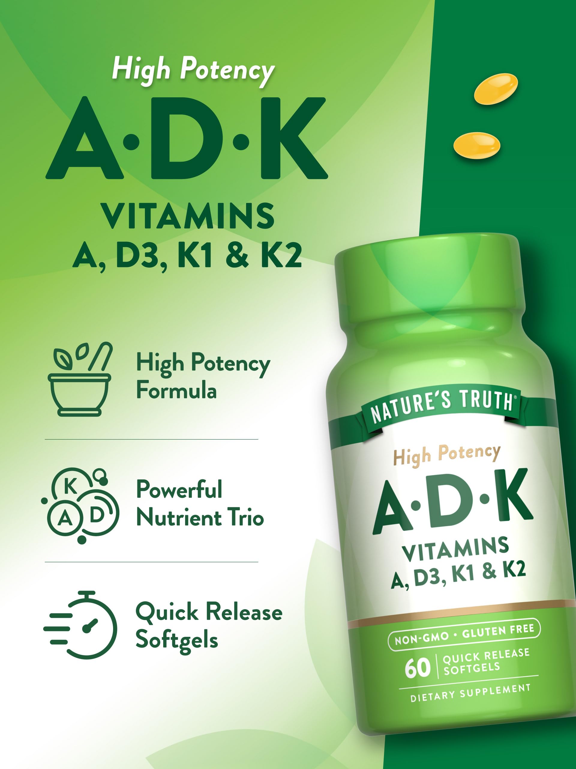 Nature's Truth Vitamin ADK | 60 Softgels | High Potency of Vitamin A, D3, K1 & K2 | Non-GMO & Gluten Free Supplement