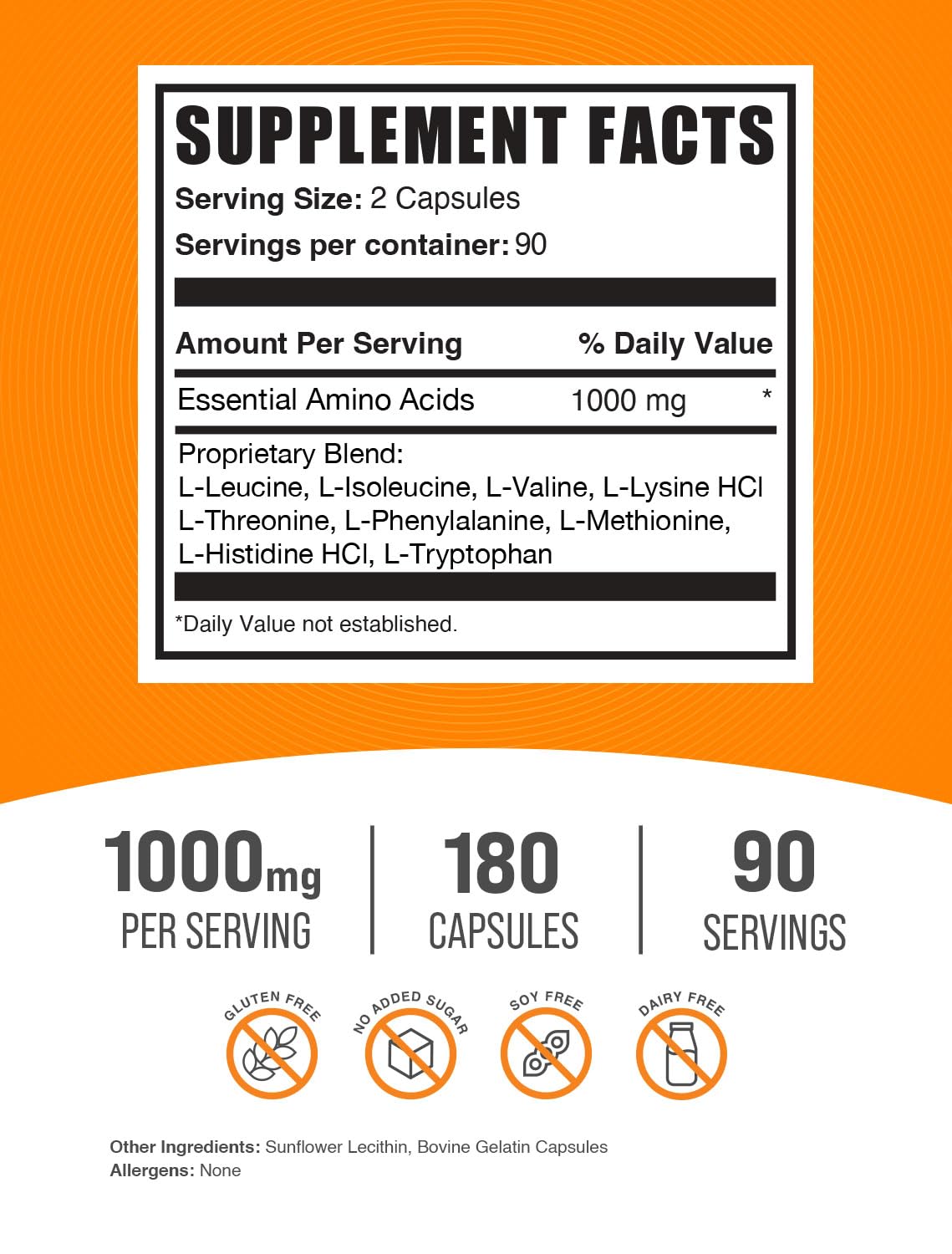 BulkSupplements.com Essential Amino Acids Capsules - EAA Capsules, EAAs Amino Acids Supplements, EAA 1000mg - Gluten Free, 2 Capsules per Servings, 180 Capsules (Pack of 1)