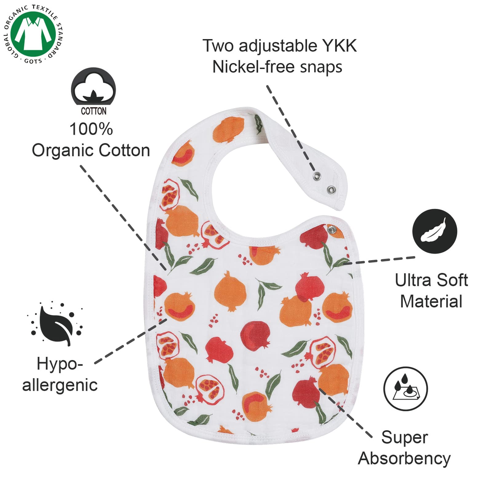 Snap Muslin Bibs for Girls, 3-Pack Baby Bibs for Infants, Newborns and Toddlers, 100% Cotton Muslin Absorbent & Soft Layers, Adjustable Snaps,Lemon,Peach,Pomegranate