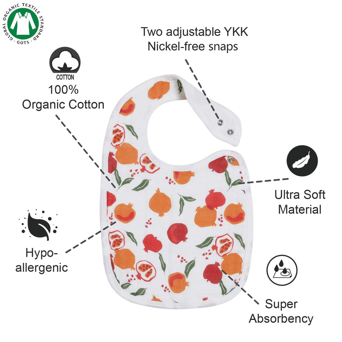 Snap Muslin Bibs for Girls, 3-Pack Baby Bibs for Infants, Newborns and Toddlers, 100% Cotton Muslin Absorbent & Soft Layers, Adjustable Snaps,Lemon,Peach,Pomegranate