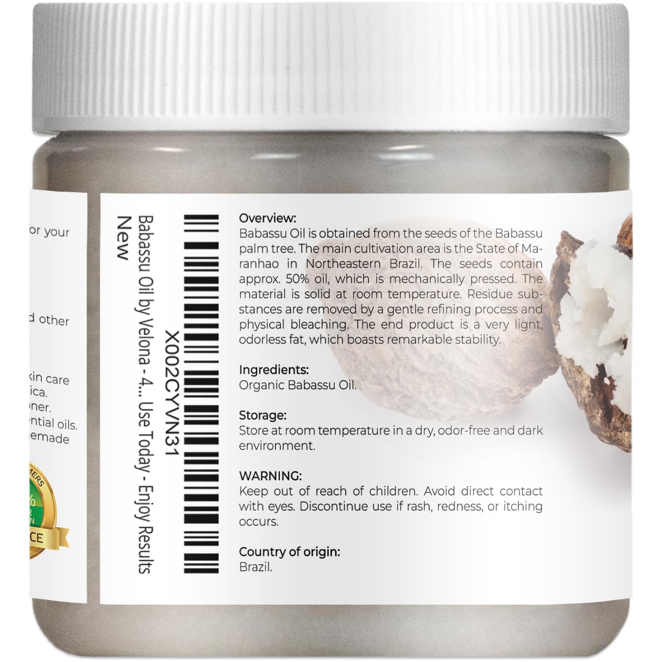 velona Babassu Oil USDA Certified Organic - 4 Fl Oz | 100% Pure and Natural Carrier Oil | Refined, Cold Pressed | Face, Hair, Body & Skin Care and Cooking | Use Today - Enjoy Results