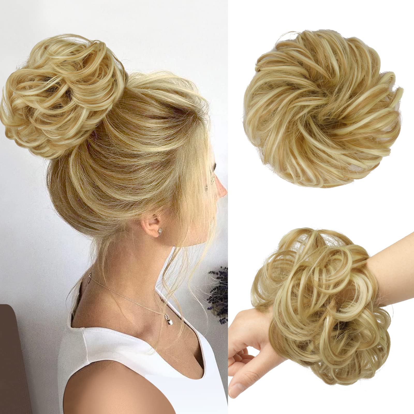 FESHFEN Hair Bun Extensions Messy Curly Wavy Hair Scrunchies Plus Size Hairpieces Synthetic Donut Chignon Hair Pieces for Women Girls, 1.94oz