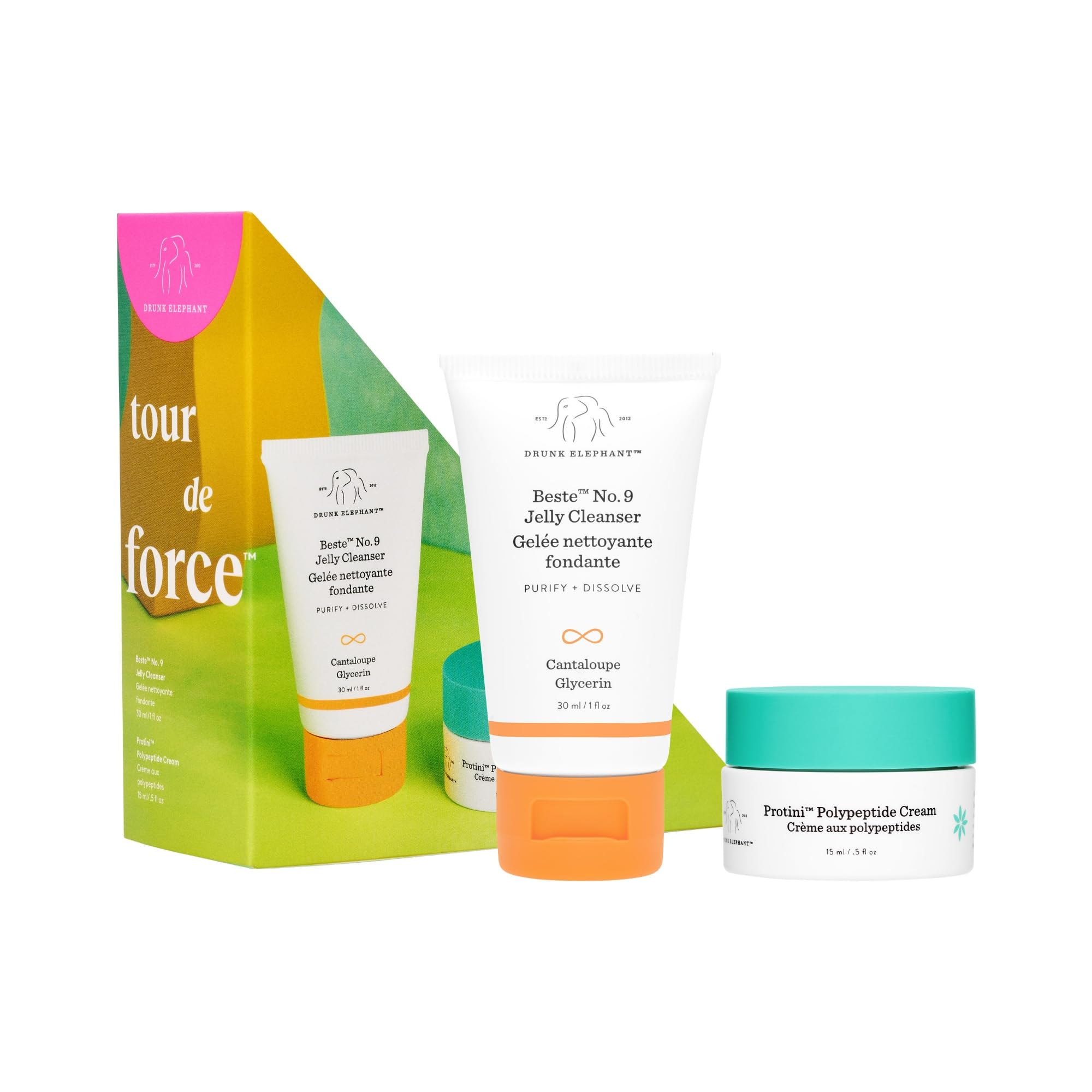 Drunk Elephant Tour de Force Travel Kit - Beste No.9 Jelly Cleanser (30ml/1 fl oz), Protini Polypeptide Cream (15 ml/0.5 fl oz) - Clean Clinical Skincare - Holiday Gift Set