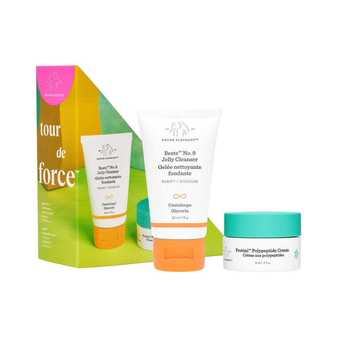 Drunk Elephant Tour de Force Travel Kit - Beste No.9 Jelly Cleanser (30ml/1 fl oz), Protini Polypeptide Cream (15 ml/0.5 fl oz) - Clean Clinical Skincare - Holiday Gift Set