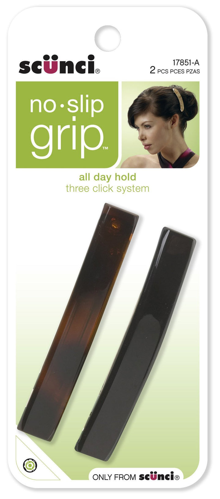 Scunci No-slip Grip Auto Clasp Barrettes, 2 Count, Colors May Vary by Scunci