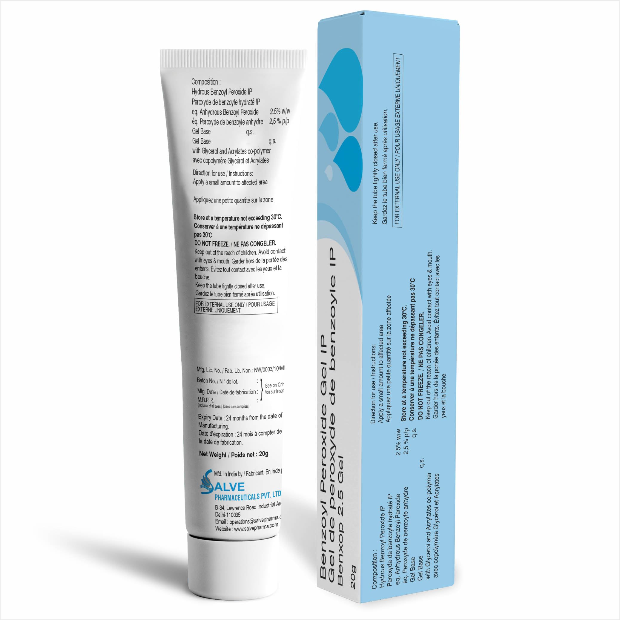 SALVE Benxop Benzoyl Peroxide 2.5% Pimples Cream 20gm (0.70 Oz)