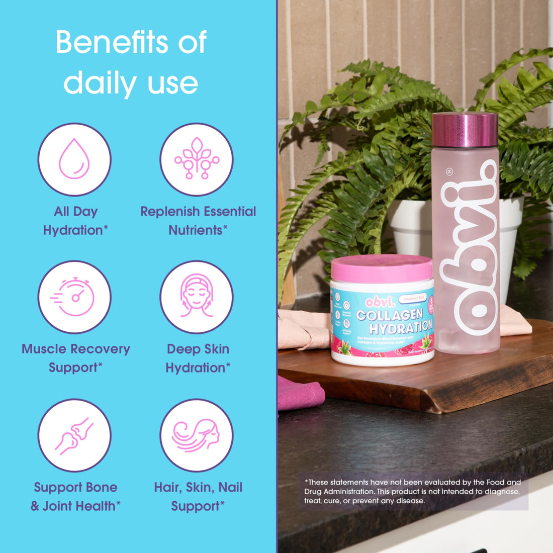 Obvi Hydration Powder | Electrolyte & Collagen Peptide Complex | 5 Types of Collagen with Hyaluronic Acid | Supports Skin Elasticity & Joint Health | Sugar-Free | Raspberry Rose, 30 Servings