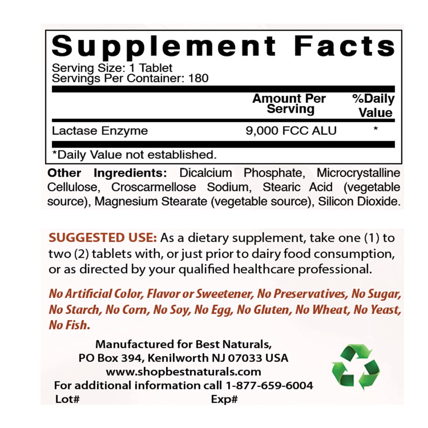 Best Naturals Lactose Intolerance Relief Tablets with Natural Lactase Enzyme, Fast Acting High Potency Lactase, 9000 FCC ALU, 180 Count