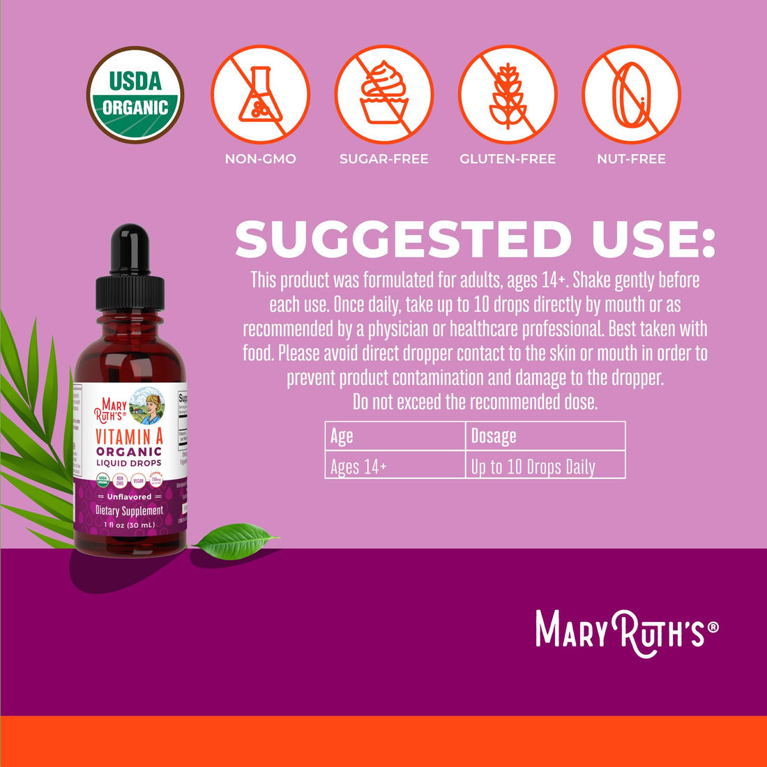 MaryRuth Organics USDA Organic Vitamin A Liquid Drops | 3 Month Supply | Immune Support, Eye Health, Skin Health for Ages 14+ | 750mcg per Serving | Sugar Free | Vegan | Non-GMO | Gluten Free | 1oz
