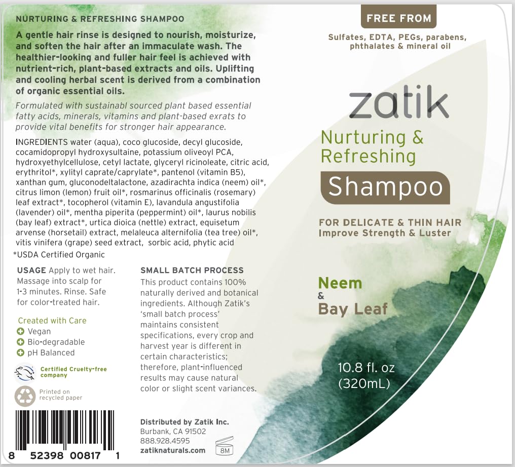 Zatik Naturals - Nurturing and Refreshing Shampoo + Conditioner Set, with Neem & Bay Leaf for Dry, Fine, Delicate Hair - Biodegradable, pH Balanced, Free From sulfates, phthalates. 10.8oz(One of Each)
