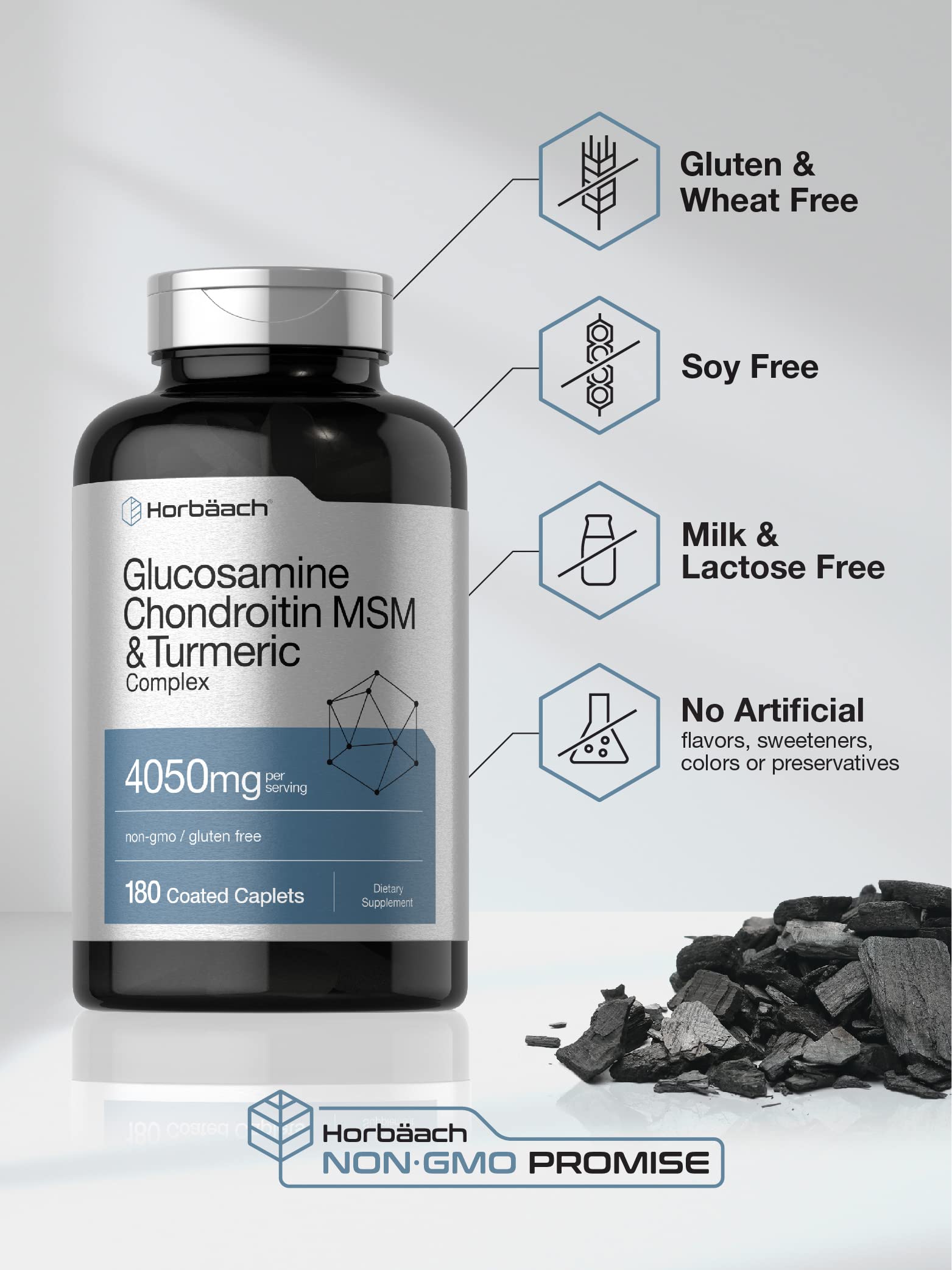 Horbäach Glucosamine Chondroitin with Turmeric & MSM | 4050 mg | 180 Caplets | Triple Strength Formula | Non-GMO, Gluten Free