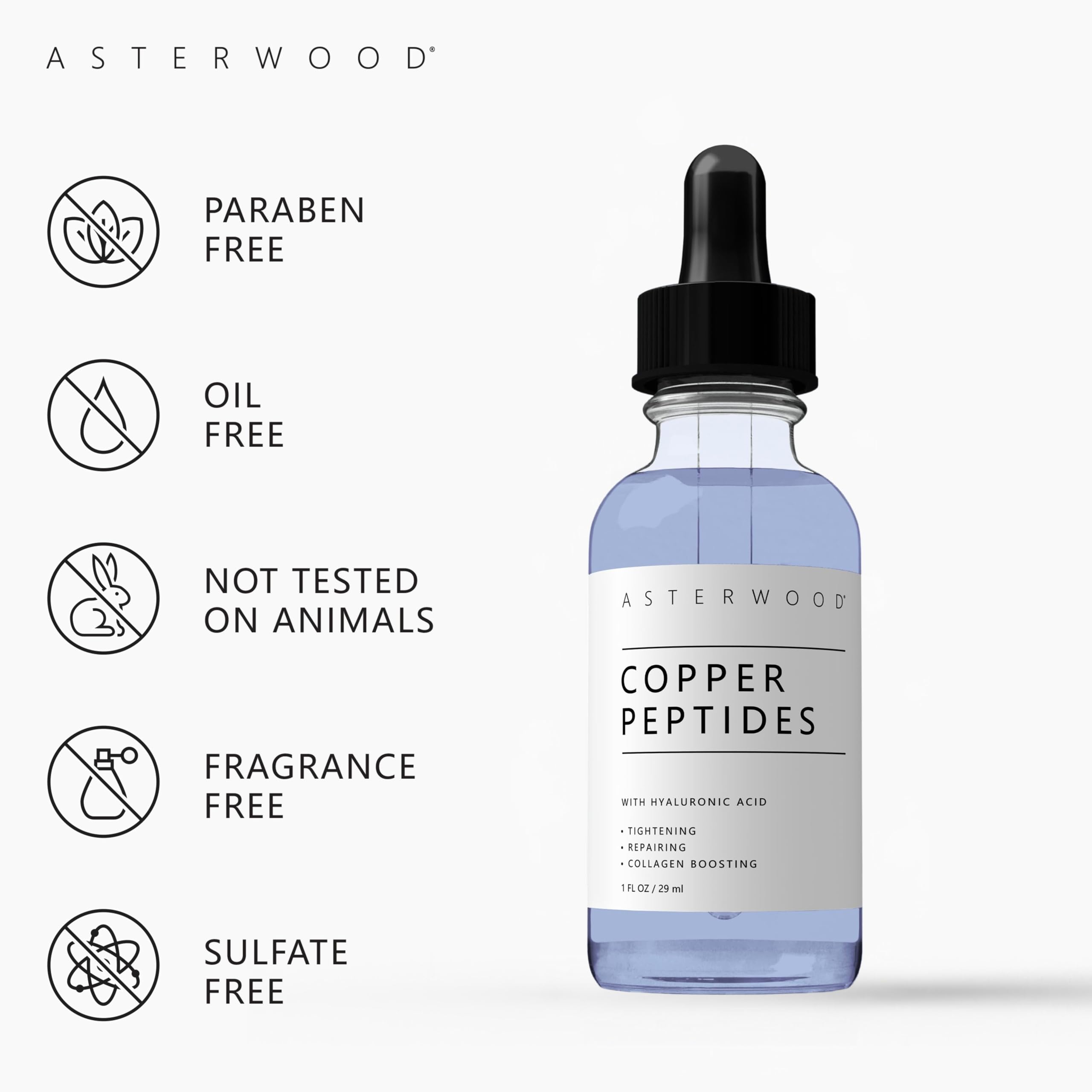 Asterwood Copper Peptides Serum for Face - Tightening, Repairing, Collagen Boosting - with GHK-Cu and Hyaluronic Acid - Fragrance-Free - 1 Fl Oz