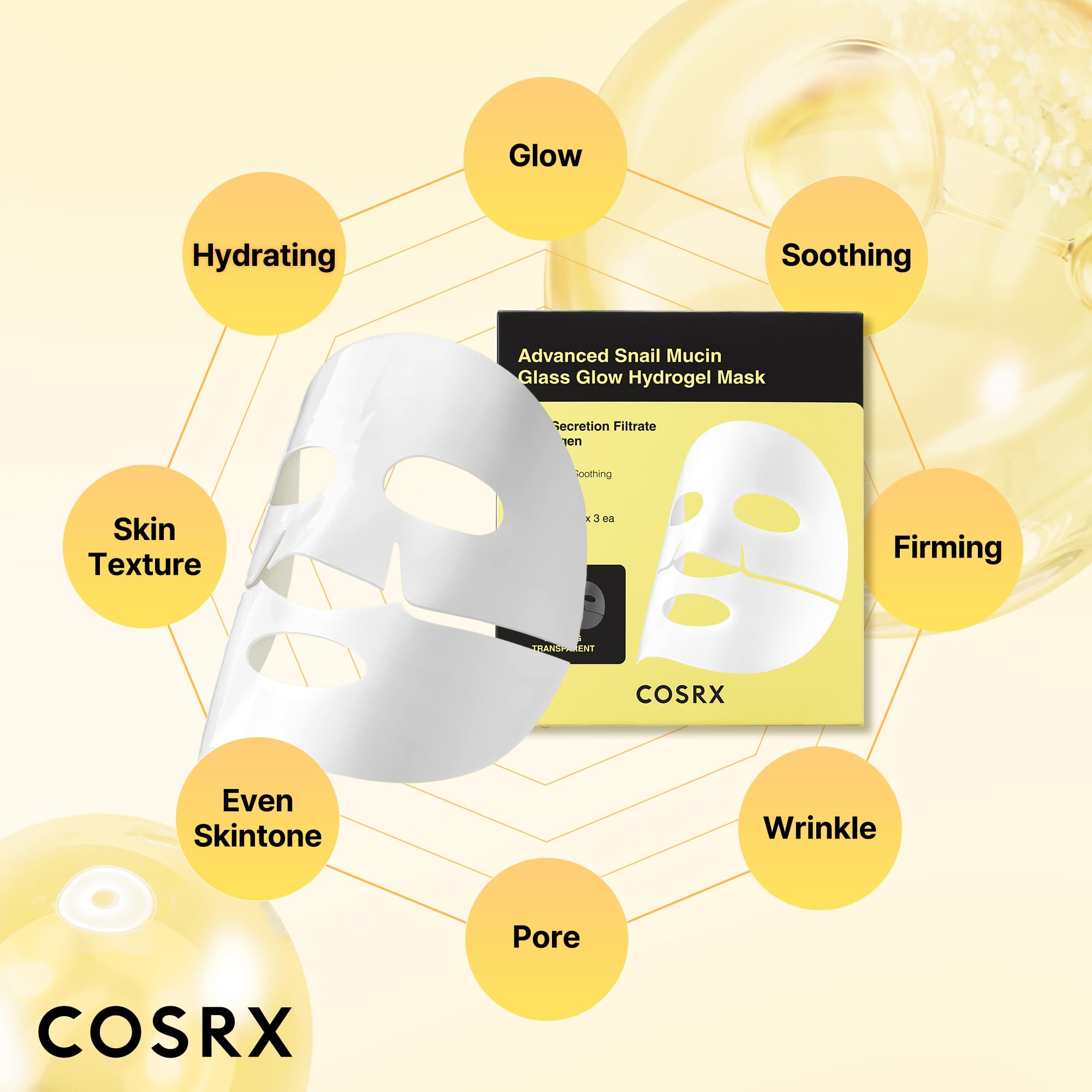 COSRX Advanced Snail Mucin Glass Glow Hydrogel Face Masks Skincare 3 EA, Collagen Face Mask, Travel Essentials, Overnight Face Mask, Korean Skin Care