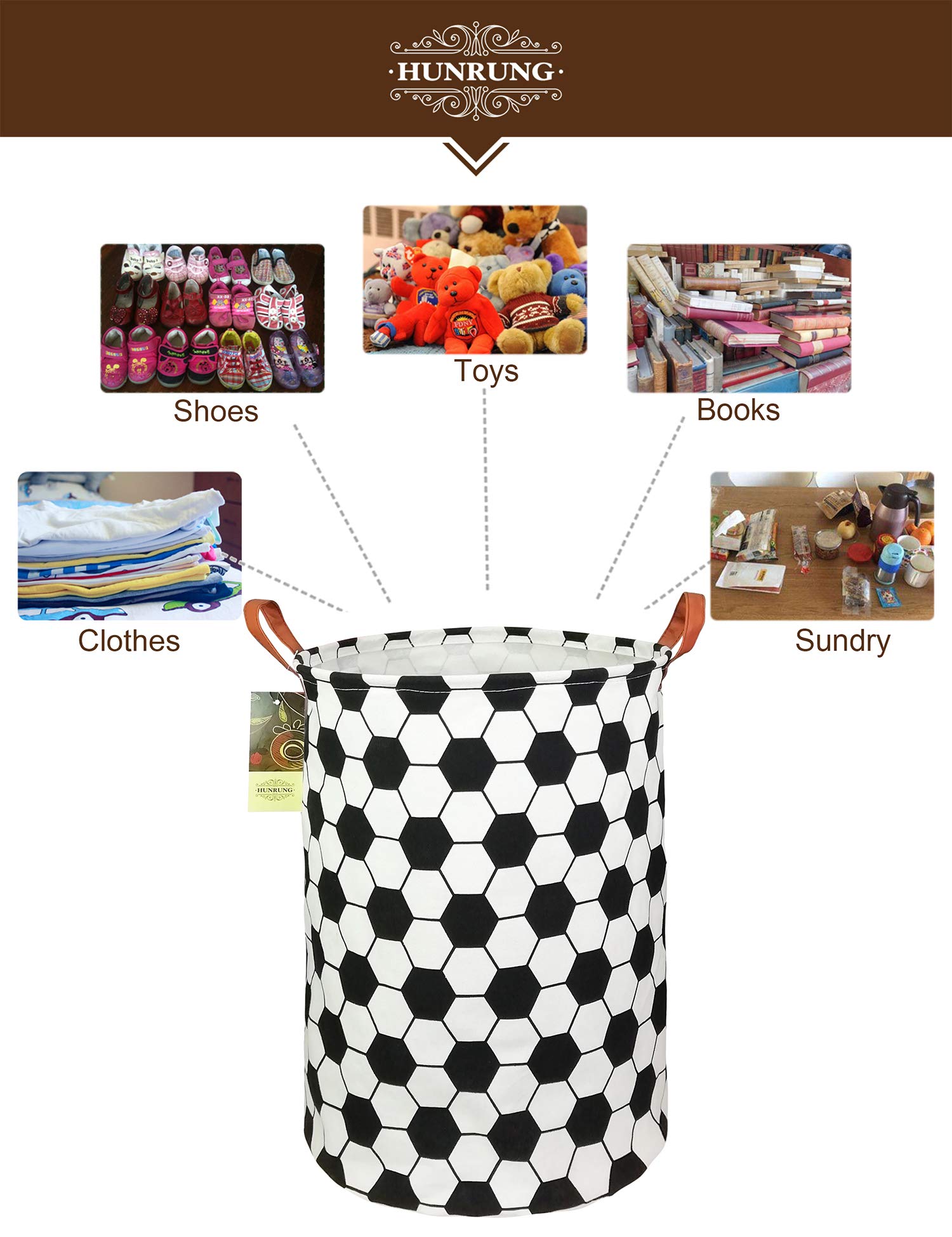 HUNRUNG Laundry Hamper,Large Canvas Fabric Lightweight Storage Basket Toy Organizer Dirty Clothes Collapsible Waterproof for College Dorms, Children Bedroom,Bathroom(Roud-Football)