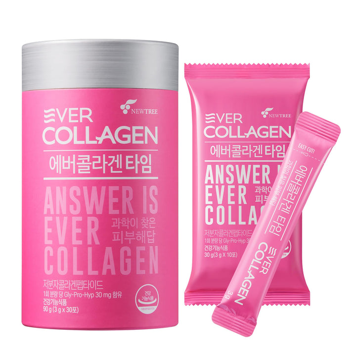 EVER COLLAGEN TIME NEWTREE Low Molecular Multi Marine Collagen Peptides Protein Powder Stick for Skin Hair Nail Health & Beauty Type I III Collagen Supplement for Women Men, 30 Packets (Apple Flavor)