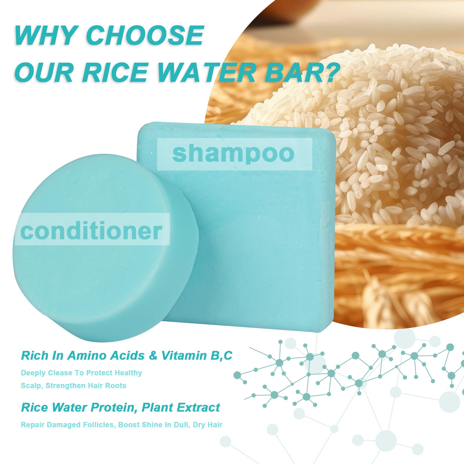MHSH Rice Water Shampoo and Conditioner for Hair Growth & Strengthening, 95g Shampoo Bar & 60g Conditioner Soap for All Hair Types, Paraben & Sulfate Free