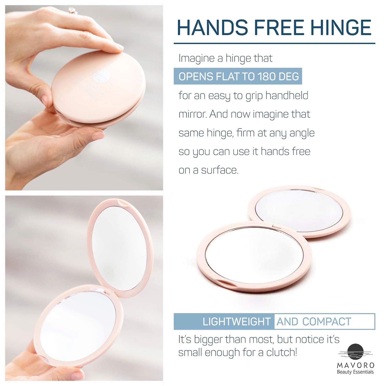 Magnifying Compact Mirror for Purses, 1x/10x Magnification – Double Sided Travel Makeup Mirror, 4 Inch Small Pocket or Purse Mirror. Distortion Free Folding Portable Compact Mirrors (Millennial Pink)