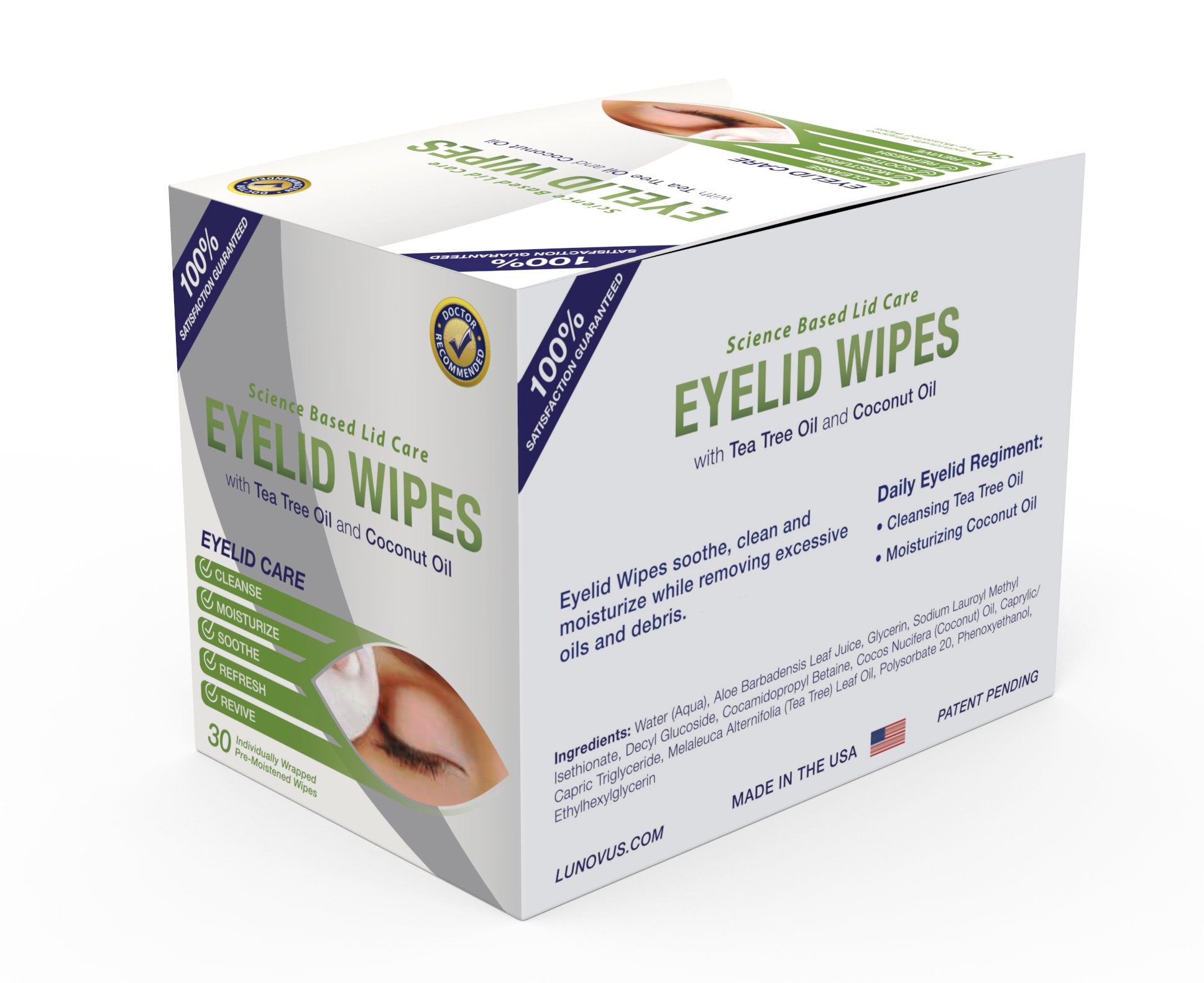 Eyelid Wipes With Tea Tree and Coconut Oil - Cleansing Eye Wipes for People Itchy Eyes - Box Of 30 Natural Eye Wipes