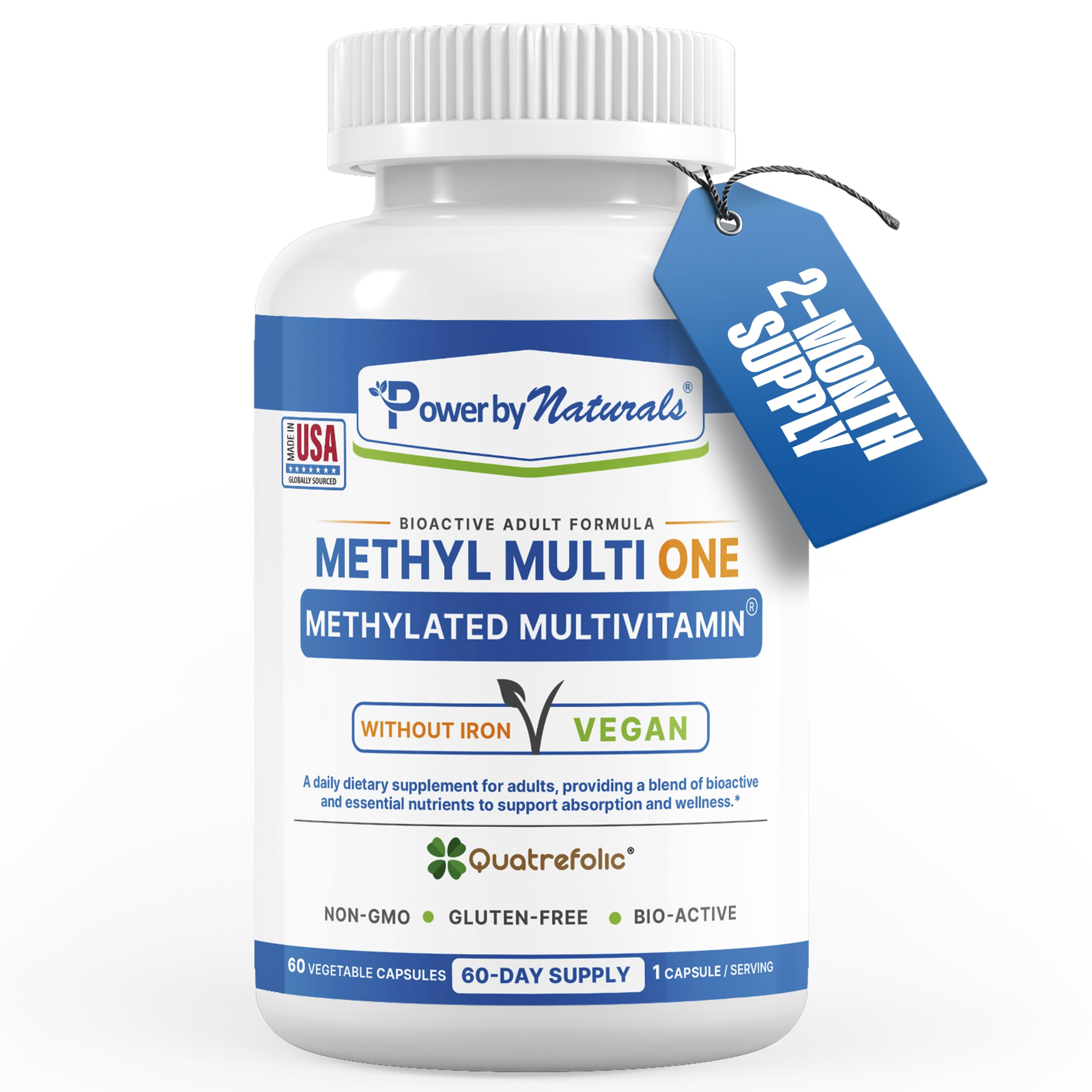 Power By Naturals Methyl Multi One - Iron-Free Methylated Multivitamin with Quatrefolic 5-MTHF, Active B12, P5P, CoQ10 & Zinc for MTHFR Support - Energy & Focus Formula - 60 Capsules (2-Month Supply)