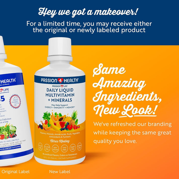 Passion 4 Life Mega Liquid Multivitamins, Trace Minerals, Amino Acids, Turmeric for Adults, Men, Women, Teens, Kids, Non-GMO, No Soy, No Dairy