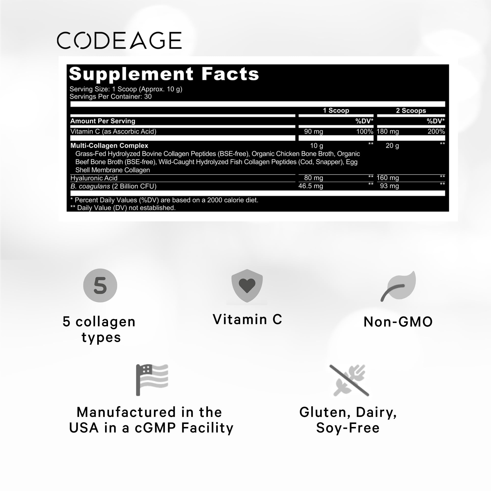 Codeage Multi Collagen Peptides Powder + Probiotics Black Edition, Vitamin C, Hyaluronic Acid Powder Supplement, Grass-Fed, Hydrolyzed, Zero Carbs, Type I, II, III, V & X, Unflavored, 10.58oz