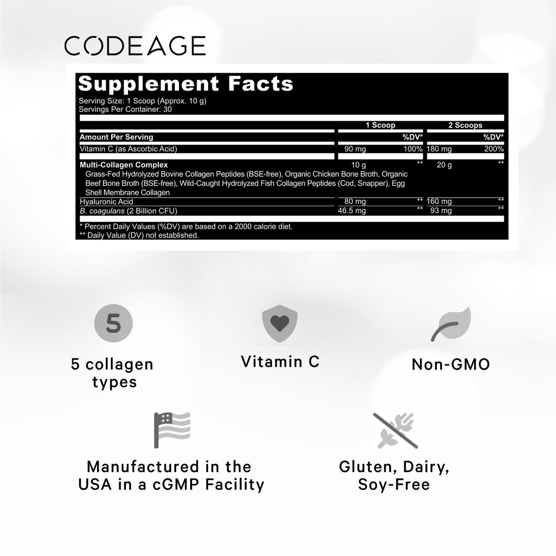 Codeage Multi Collagen Peptides Powder + Probiotics Black Edition, Vitamin C, Hyaluronic Acid Powder Supplement, Grass-Fed, Hydrolyzed, Zero Carbs, Type I, II, III, V & X, Unflavored, 10.58oz