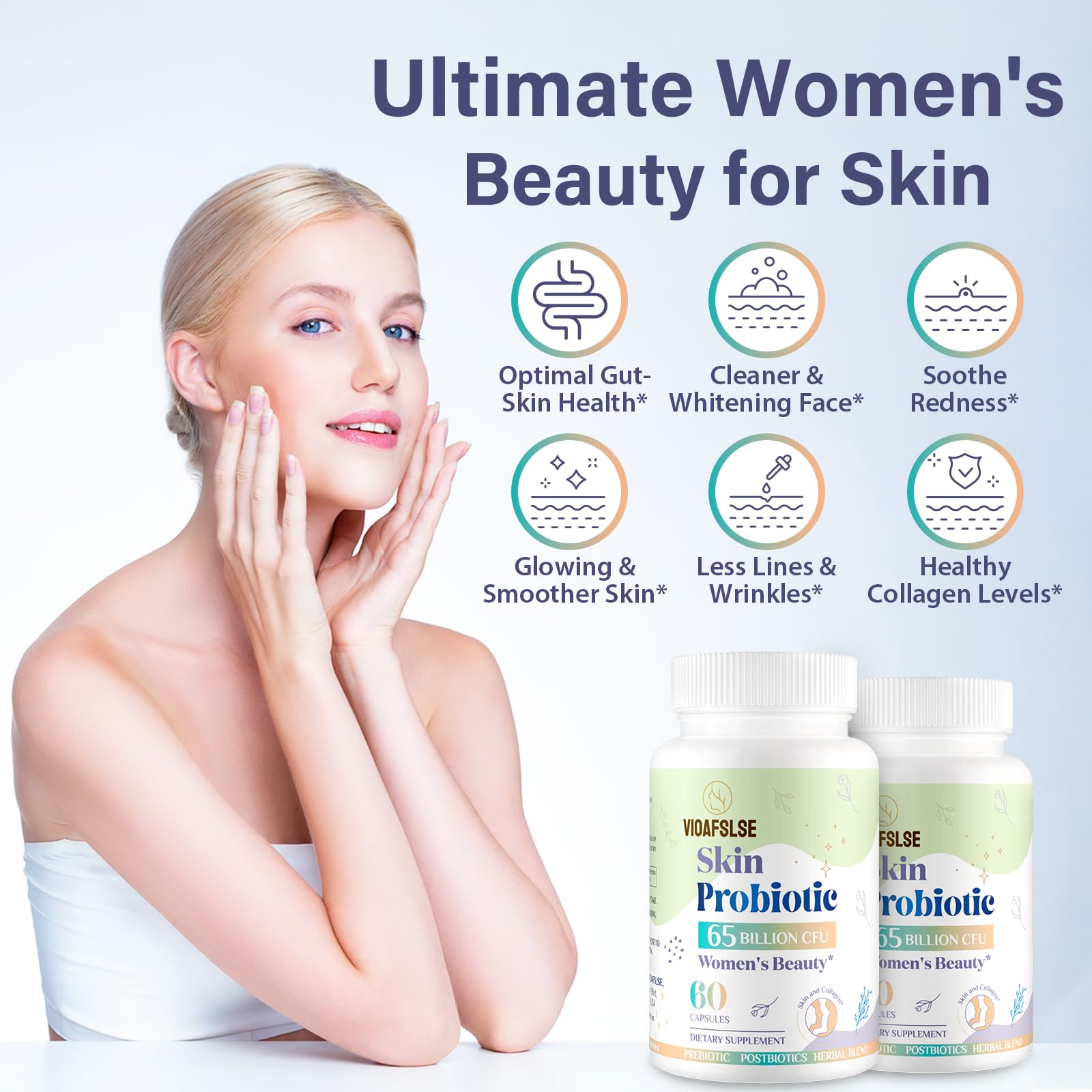 Beauty Probiotics for Women, Collagen Boost with 3-in-1 Complete Prebiotics, Postbiotics & Probiotics for Hair, Skin, Nails & Vaginal Health - 65 Billion CFU, Ceramides, Resveratrol & CoQ10, 60 Caps