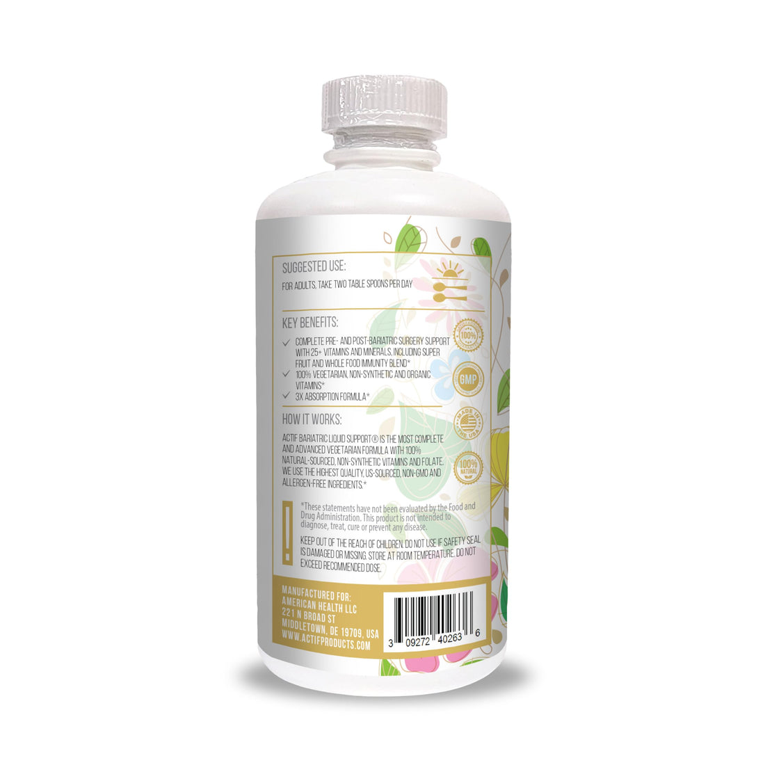 Actif Organic Bariatric Liquid Support With 25+ Organic Vitamins And Minerals For Bariatric Surgery, Advanced Formula, Non GMO, 32 Oz