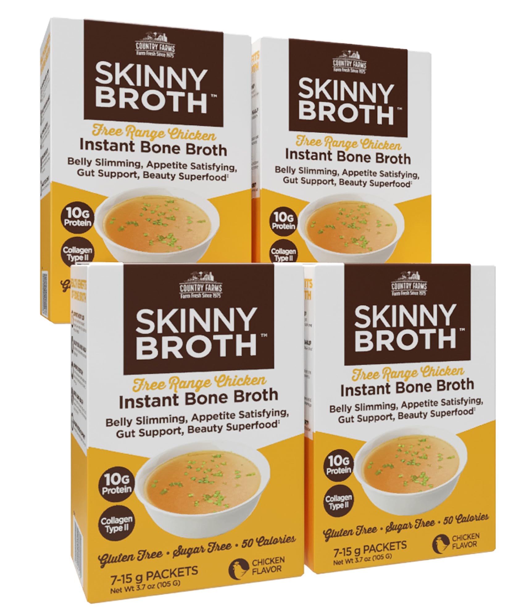 COUNTRY FARMS Skinny Broth 7-Day Plan, Instant Chicken Bone Broth, 10G Protein, Collagen Type II, Promotes Better Digestion, Bone and Joint Health, 7 Day Plan, 4 Pack, 28-15g Packets