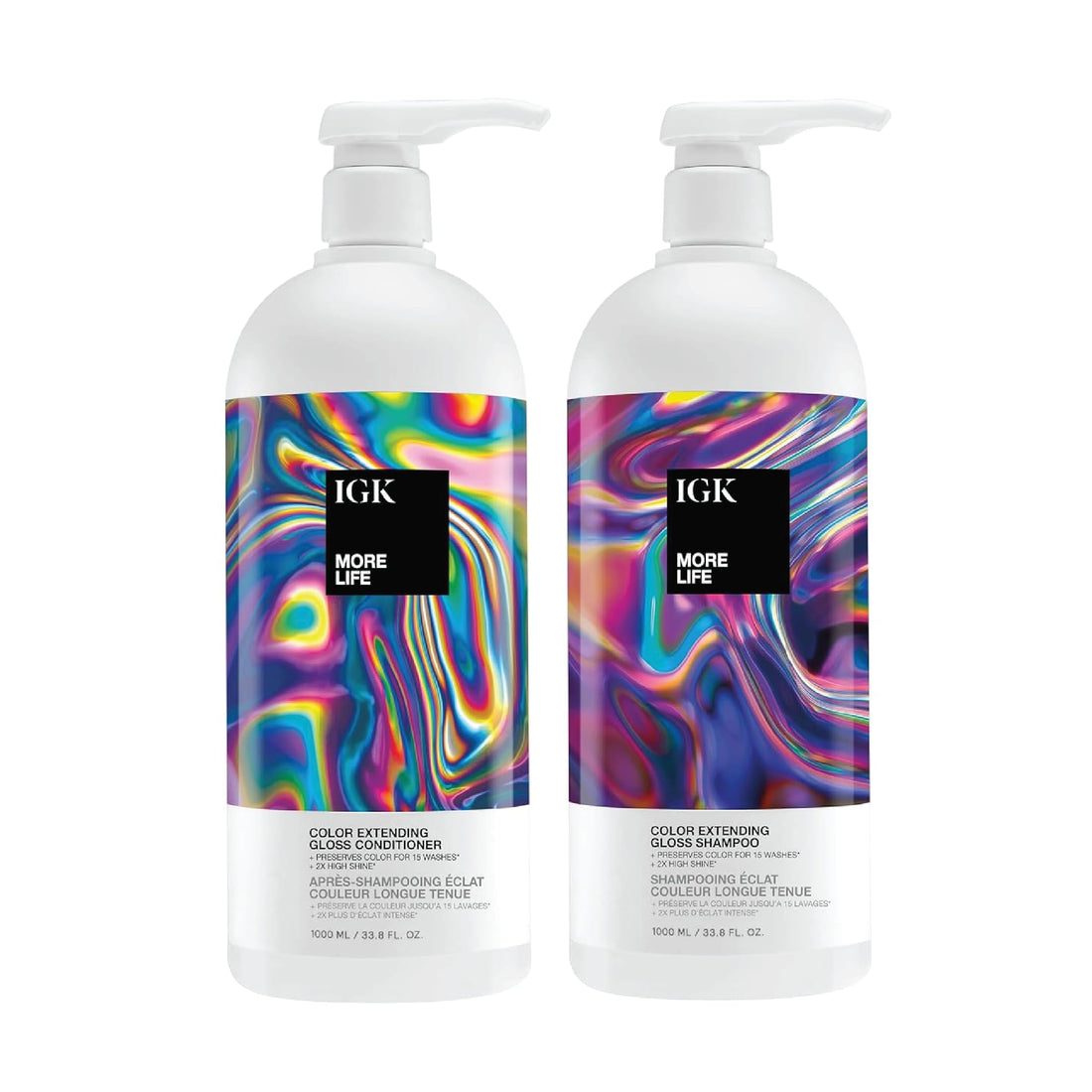 IGK MORE LIFE Color Extending Gloss Shampoo and Conditioner Set | Preserves Color Treated Hair | UV Protection | Vegan + Cruelty-Free | 1 Liter