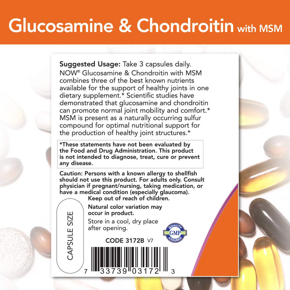 NOW Foods Supplements, Glucosamine & Chondroitin with MSM, Joint Health, Mobility and Comfort*, 180 Veg Capsules