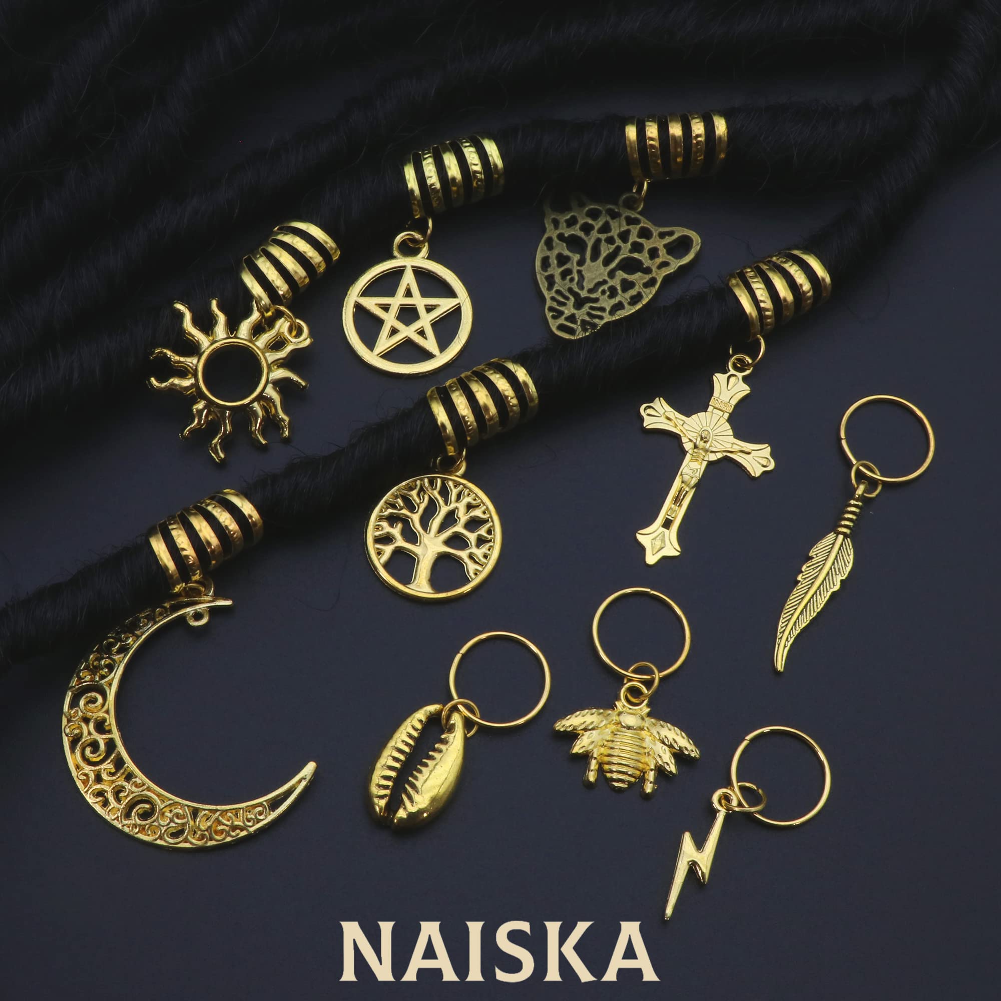 NAISKA 12PCS Moon Hair Accessories Braid Beads Dreadlocks Loc Jewelry for Braids Hair Clip Decoration Hair Beads Cuffs Coils Rings Pendantsï¼Ë†Gold & Silverï¼â€°