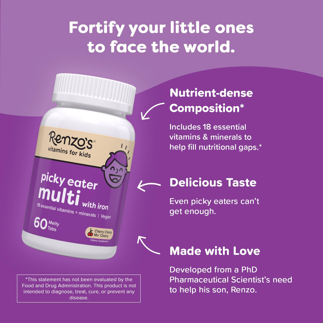 Renzo's Picky Eater Kids Multivitamin with Iron, Dissolving Kids Vitamins with Vitamin D3 & K2 and More, 60 Sugar-Free Melty Tabs, Cherry Cherry Mo’ Cherry Flavored