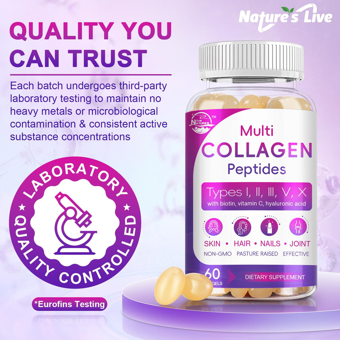 Multi Collagen Peptides Softgel - Type I, II, III, V, X - Hydrolyzed Collagen Peptides with Biotin, Vitamin C, Hyaluronic Acid, Supports Skin Hair Nail, Grass-Fed, Non-GMO, 60 Softgel, 1 Pack