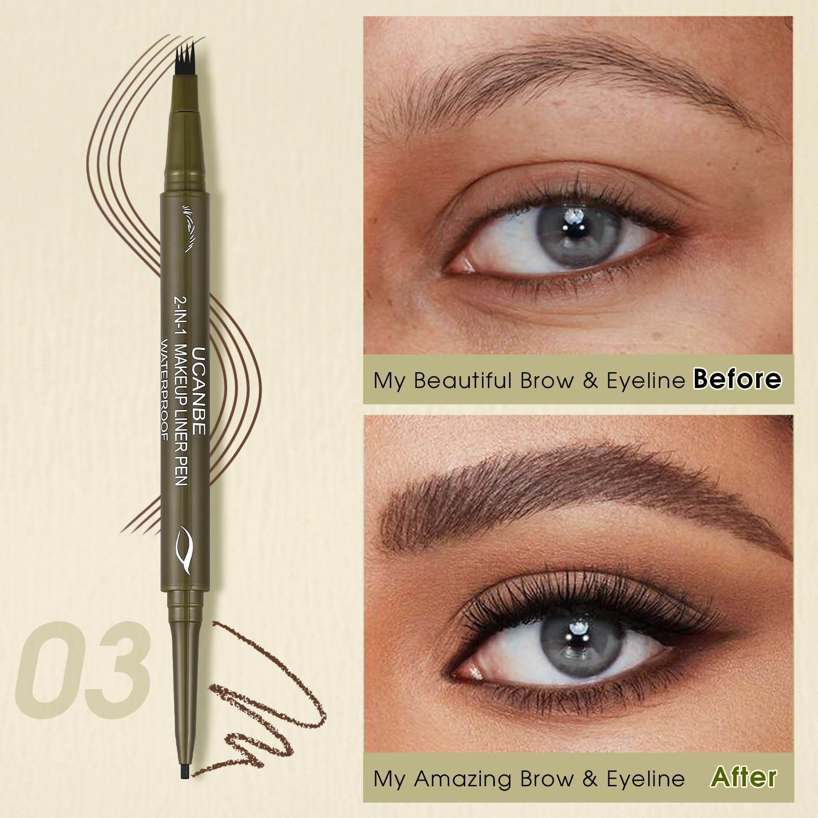 UCANBE Eyebrow Pen, Dual-Ended Eyebrow Pencil with 4-Fork-Tip & Gel Eyeliner for Women, Eye Brow Pen with Gel Eyeliner Pencil, Microblading Eyebrow Pencils with Hair Like Strokes, Light Brown