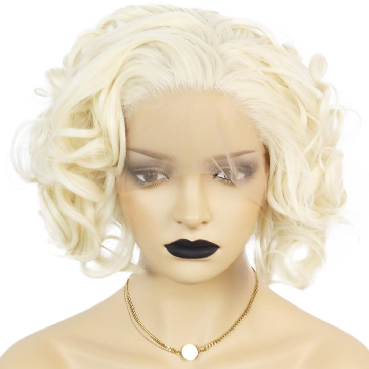 Anogol Hair Cap+Blonde Lace Front Wig Short Bob Curly Synthetic Hair Wigs For White Women Layered Hairstyles Platinum Blonde Lace Front Wig 613 Blonde Wig Synthetic Lace Front Wig Heat Resistant