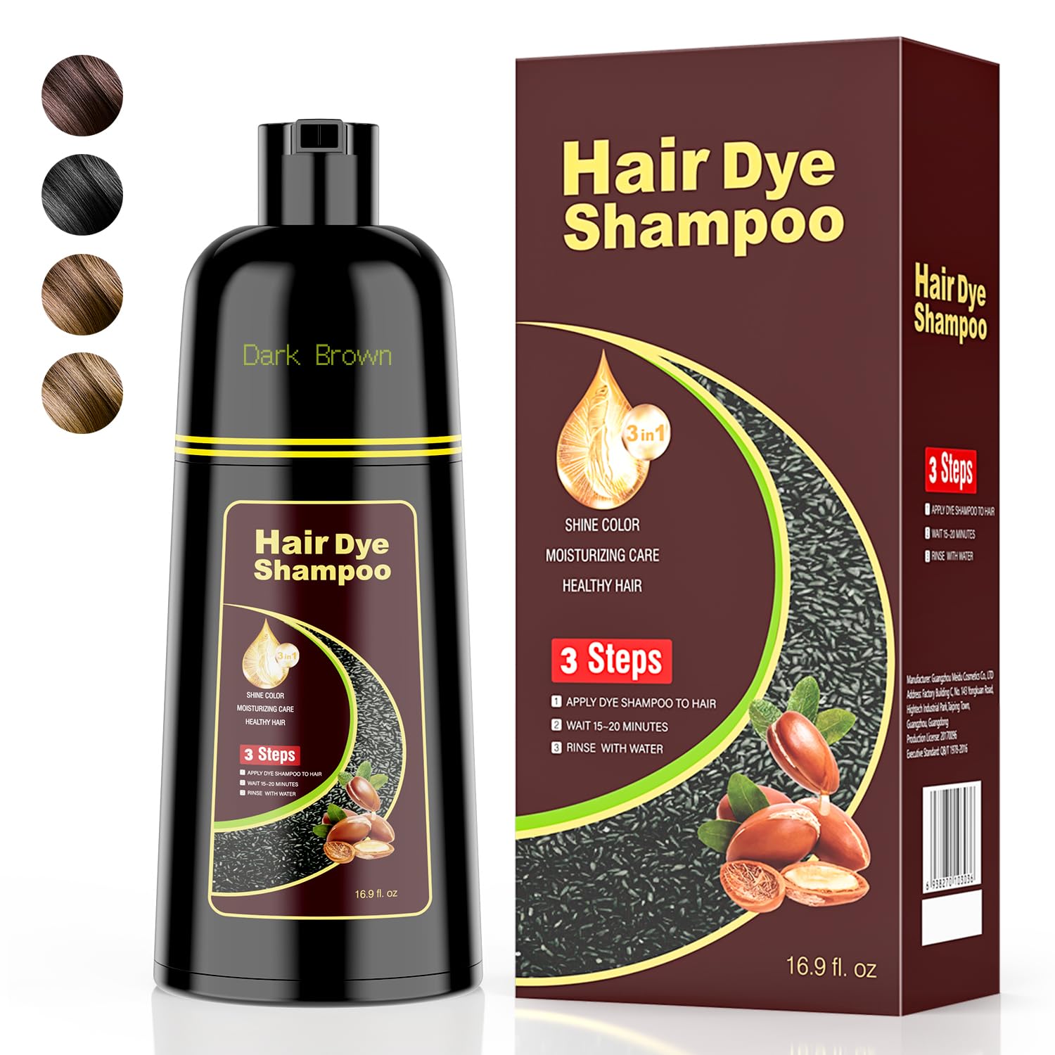 KAISASA Dark Brown Hair Dye Shampoo 3 in 1,Argan Herbal Hair Color Shampoo Covers Gray Hair for Women and Men (16.9 fl.oz Dark Brown)